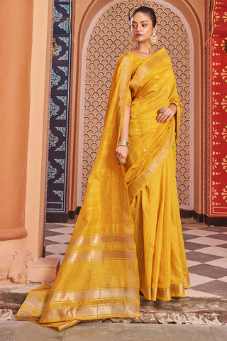 Exquisite Yellow Linen Cotton Silk Saree With Glorious Blouse Piece