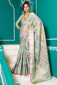 Jazzy Sky Organza Silk Saree With Stunner Blouse Piece