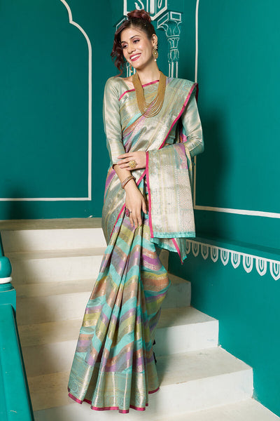 Jazzy Sky Organza Silk Saree With Stunner Blouse Piece