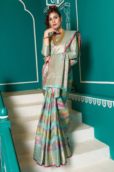 Jazzy Sky Organza Silk Saree With Stunner Blouse Piece