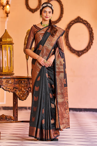Prominent Black Soft Banarasi Silk Saree With Adorable Blouse Piece