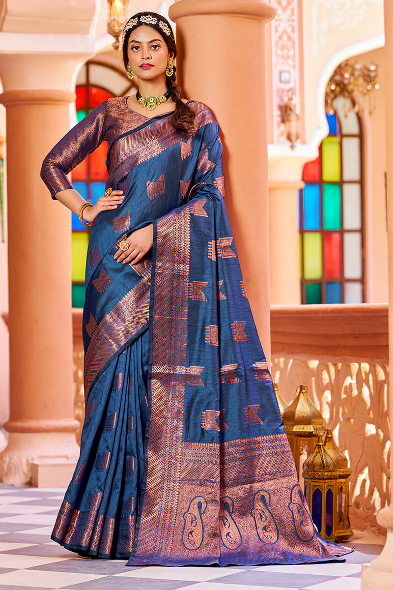 Pleasant Navy Blue Soft Banarasi Silk Saree With Designer Blouse Piece
