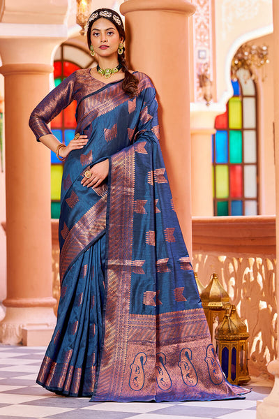Pleasant Navy Blue Soft Banarasi Silk Saree With Designer Blouse Piece