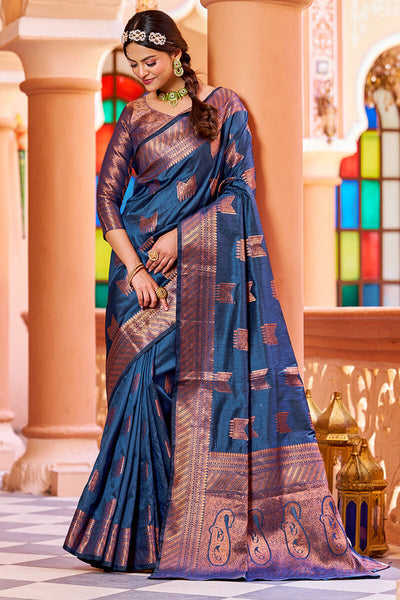 Pleasant Navy Blue Soft Banarasi Silk Saree With Designer Blouse Piece