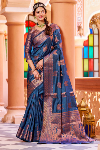 Pleasant Navy Blue Soft Banarasi Silk Saree With Designer Blouse Piece
