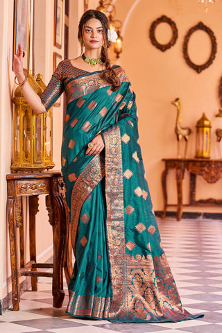 Prettiest Rama Soft Banarasi Silk Saree With Adorning Blouse Piece