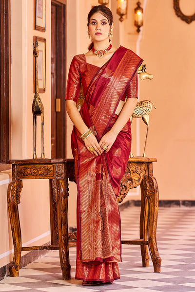 Entrancing Red Soft Banarasi Silk Saree With Refreshing Blouse Piece