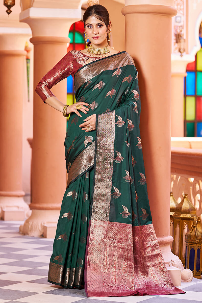 Ideal Dark Green Soft Banarasi Silk Saree With Pleasurable Blouse Piece