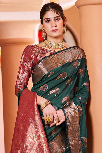Ideal Dark Green Soft Banarasi Silk Saree With Pleasurable Blouse Piece