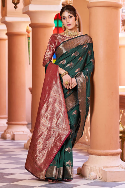 Ideal Dark Green Soft Banarasi Silk Saree With Pleasurable Blouse Piece