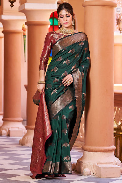 Ideal Dark Green Soft Banarasi Silk Saree With Pleasurable Blouse Piece