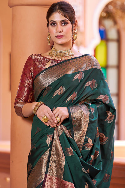 Ideal Dark Green Soft Banarasi Silk Saree With Pleasurable Blouse Piece