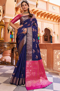 Epiphany Navy Blue Soft Banarasi Silk Saree With Tempting Blouse Piece