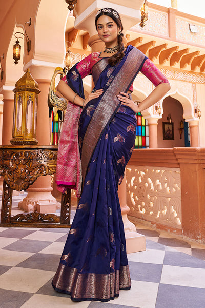 Epiphany Navy Blue Soft Banarasi Silk Saree With Tempting Blouse Piece
