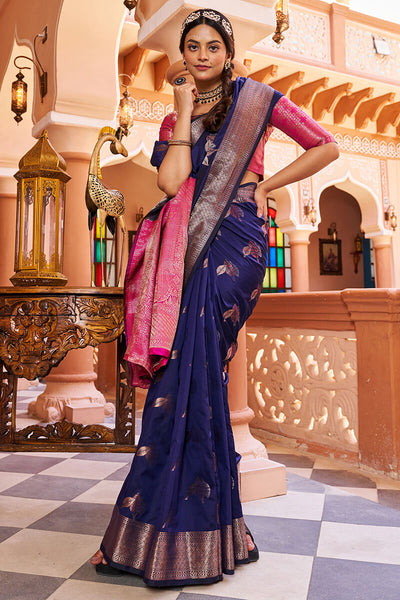 Epiphany Navy Blue Soft Banarasi Silk Saree With Tempting Blouse Piece