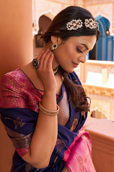 Epiphany Navy Blue Soft Banarasi Silk Saree With Tempting Blouse Piece