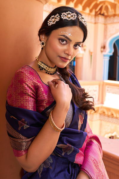Epiphany Navy Blue Soft Banarasi Silk Saree With Tempting Blouse Piece