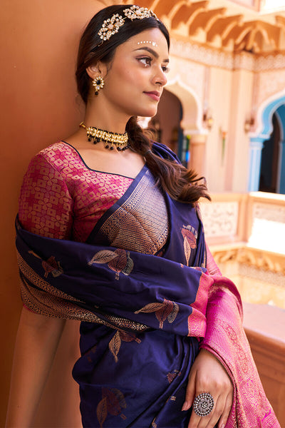 Epiphany Navy Blue Soft Banarasi Silk Saree With Tempting Blouse Piece
