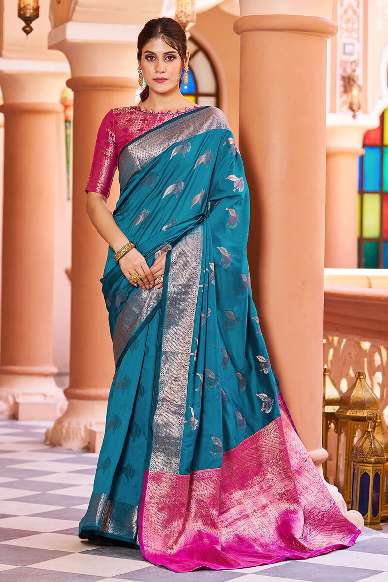 Gossamer Rama Soft Banarasi Silk Saree With Enchanting Blouse Piece