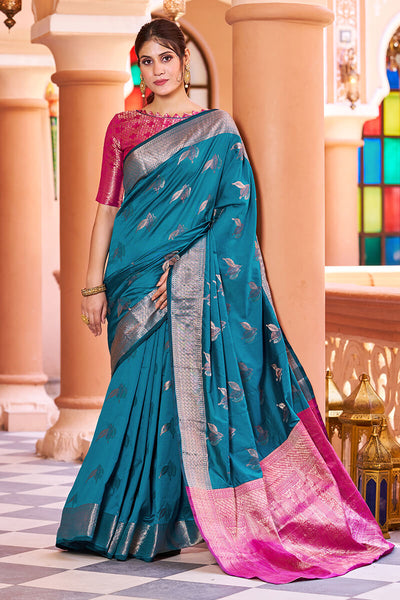 Gossamer Rama Soft Banarasi Silk Saree With Enchanting Blouse Piece