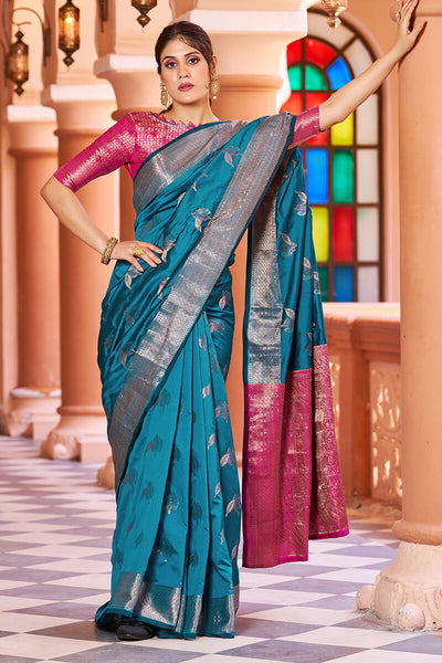Gossamer Rama Soft Banarasi Silk Saree With Enchanting Blouse Piece