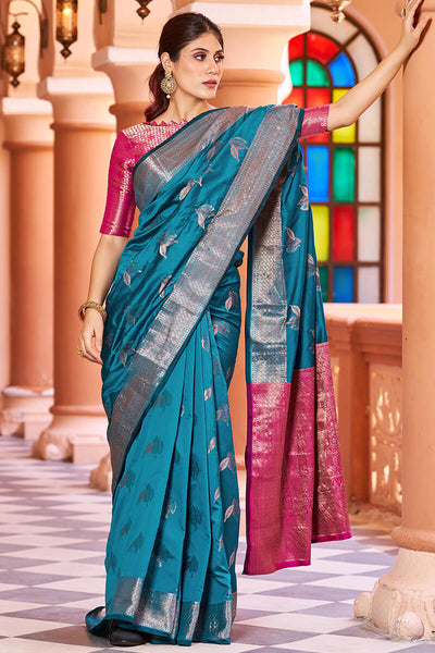 Gossamer Rama Soft Banarasi Silk Saree With Enchanting Blouse Piece