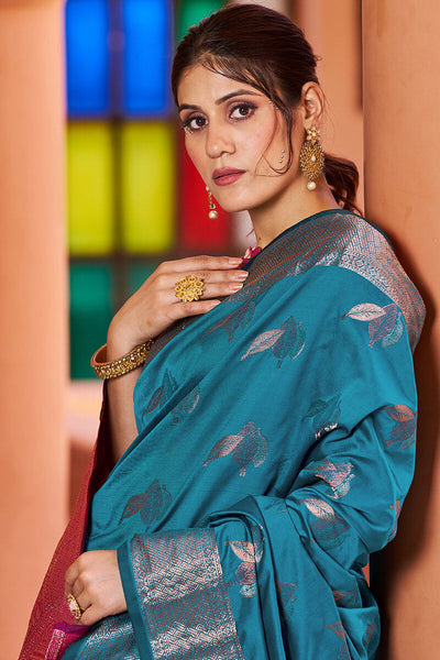 Gossamer Rama Soft Banarasi Silk Saree With Enchanting Blouse Piece