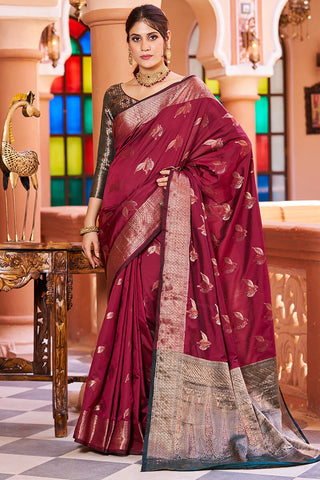 Mellifluous Wine Soft Banarasi Silk Saree With Pleasurable Blouse Piece