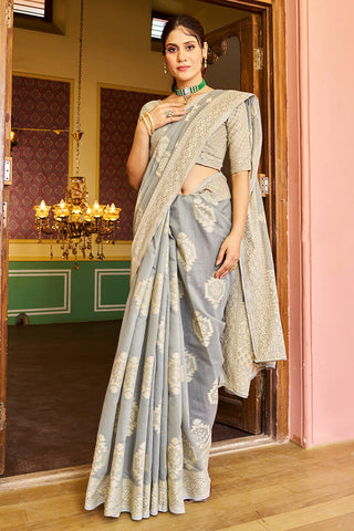 Devastating Grey Linen Silk Saree With Transcendent Blouse Piece