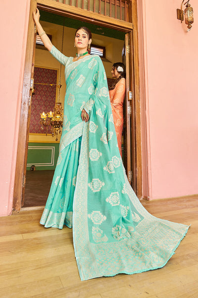 Luxuriant Turquoise Linen Silk Saree With Sumptuous Blouse Piece