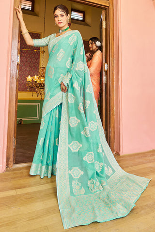 Luxuriant Turquoise Linen Silk Saree With Sumptuous Blouse Piece