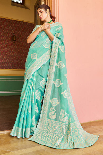 Luxuriant Turquoise Linen Silk Saree With Sumptuous Blouse Piece