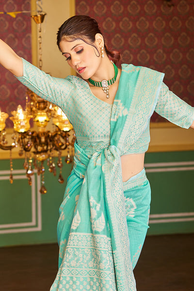 Luxuriant Turquoise Linen Silk Saree With Sumptuous Blouse Piece