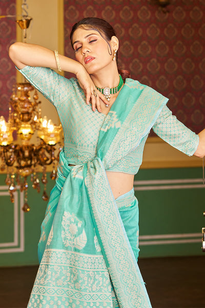 Luxuriant Turquoise Linen Silk Saree With Sumptuous Blouse Piece
