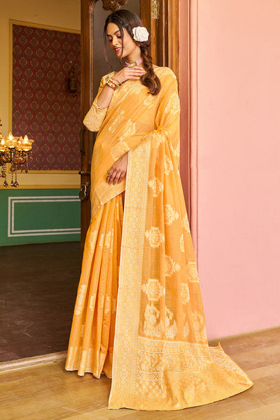 Imaginative Yellow Linen Silk Saree With Petrichor Blouse Piece