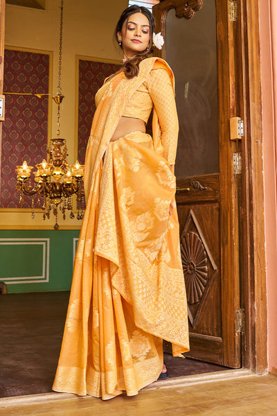 Imaginative Yellow Linen Silk Saree With Petrichor Blouse Piece
