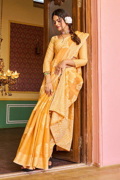 Imaginative Yellow Linen Silk Saree With Petrichor Blouse Piece