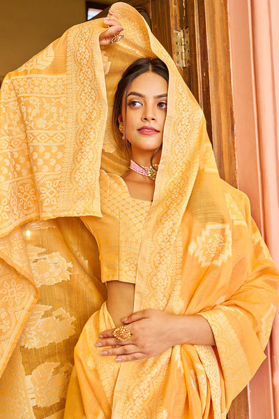 Imaginative Yellow Linen Silk Saree With Petrichor Blouse Piece