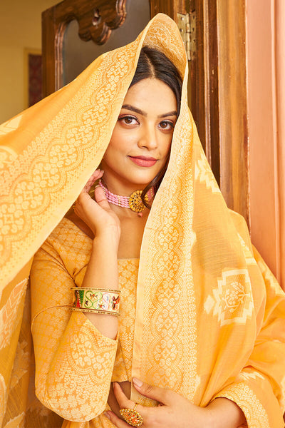 Imaginative Yellow Linen Silk Saree With Petrichor Blouse Piece