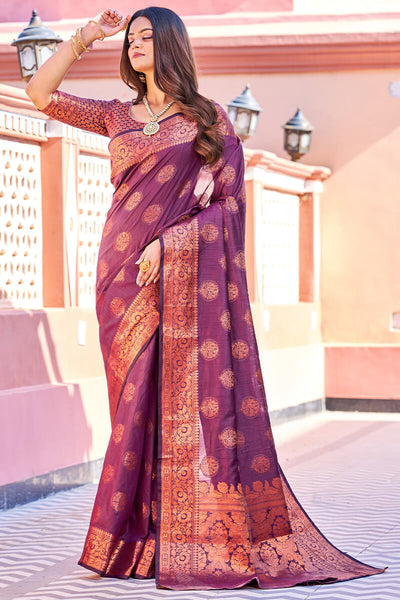 Stylish Purple Banarasi Silk Saree With Adorning Blouse Piece