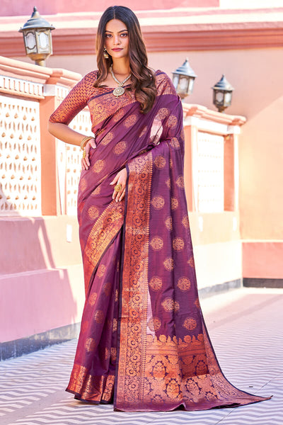 Stylish Purple Banarasi Silk Saree With Adorning Blouse Piece