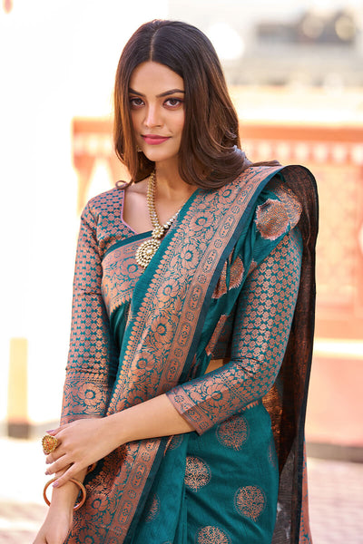 Demanding Rama Banarasi Silk Saree With Jazzy Blouse Piece
