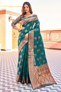 Demanding Rama Banarasi Silk Saree With Jazzy Blouse Piece