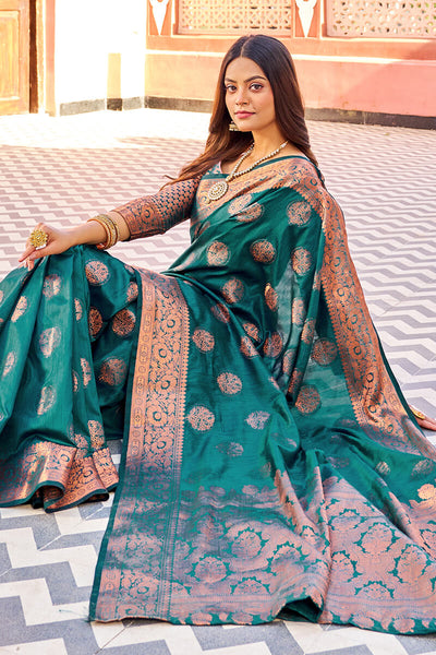 Demanding Rama Banarasi Silk Saree With Jazzy Blouse Piece