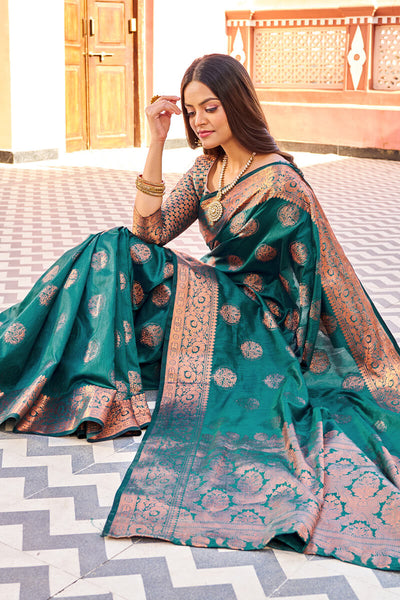 Demanding Rama Banarasi Silk Saree With Jazzy Blouse Piece