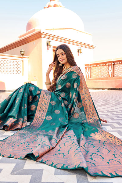 Demanding Rama Banarasi Silk Saree With Jazzy Blouse Piece