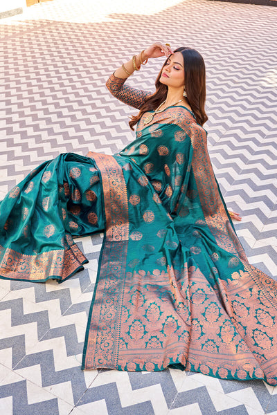 Demanding Rama Banarasi Silk Saree With Jazzy Blouse Piece