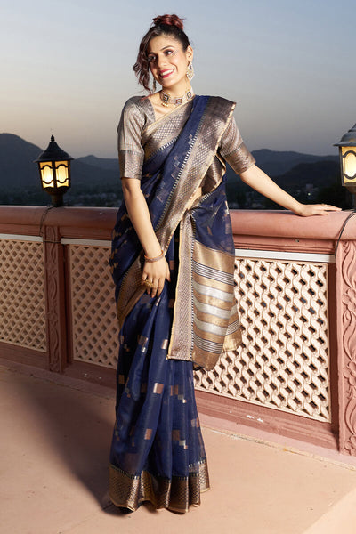 Stunner Navy Blue Soft Silk Saree with Classic Blouse Piece