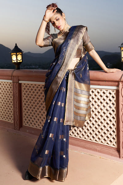Stunner Navy Blue Soft Silk Saree with Classic Blouse Piece
