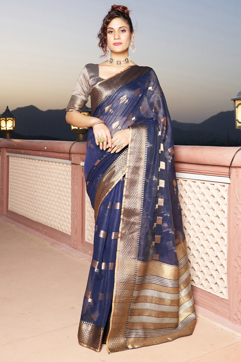Stunner Navy Blue Soft Silk Saree with Classic Blouse Piece